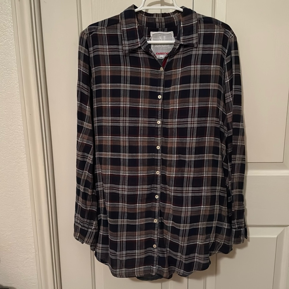 Johnny Was button down plaid top embroidery in the back.